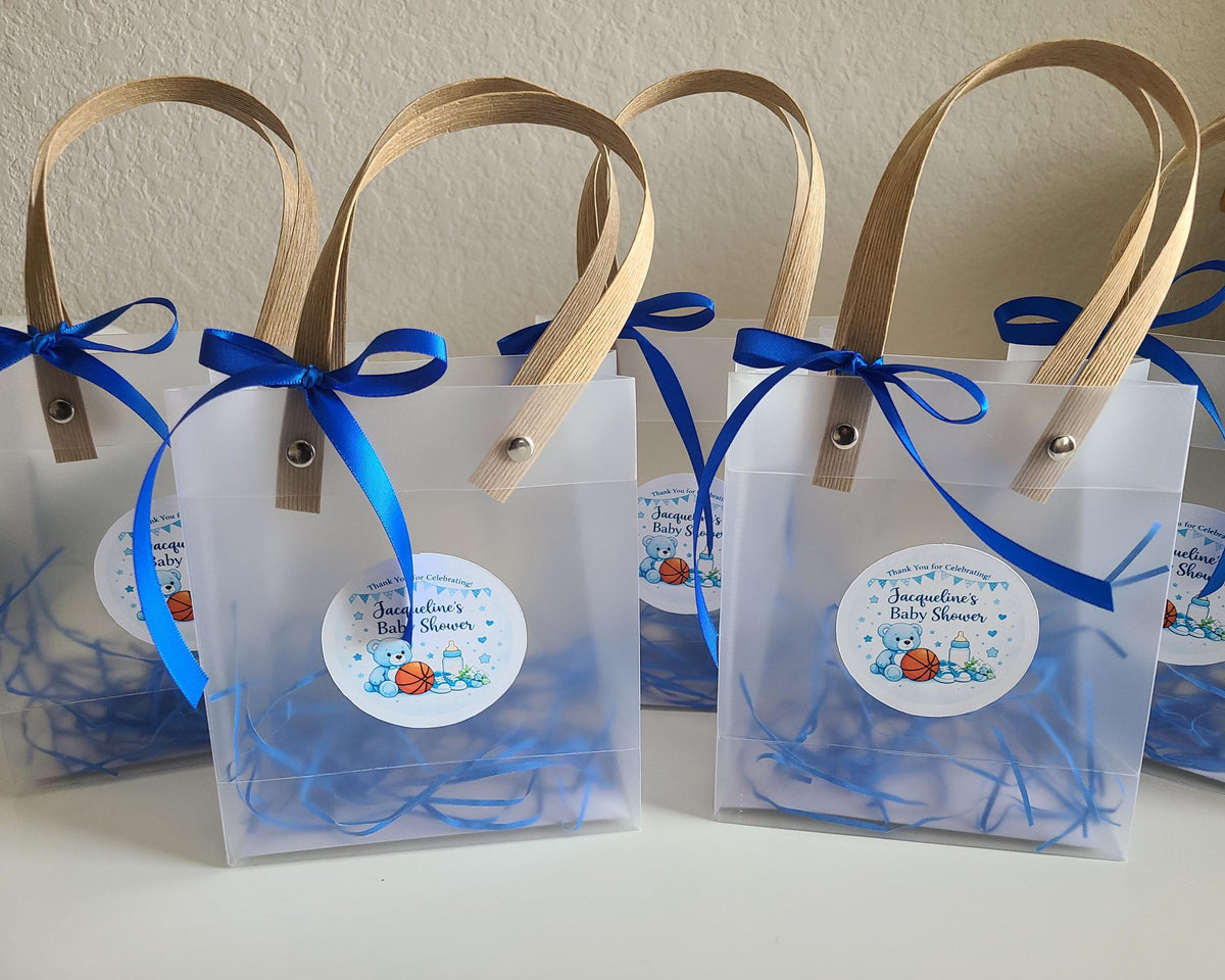 Personalized Frosted Favor Bags with Wooden Handles – Custom Party Gift Bags (Set of 10)